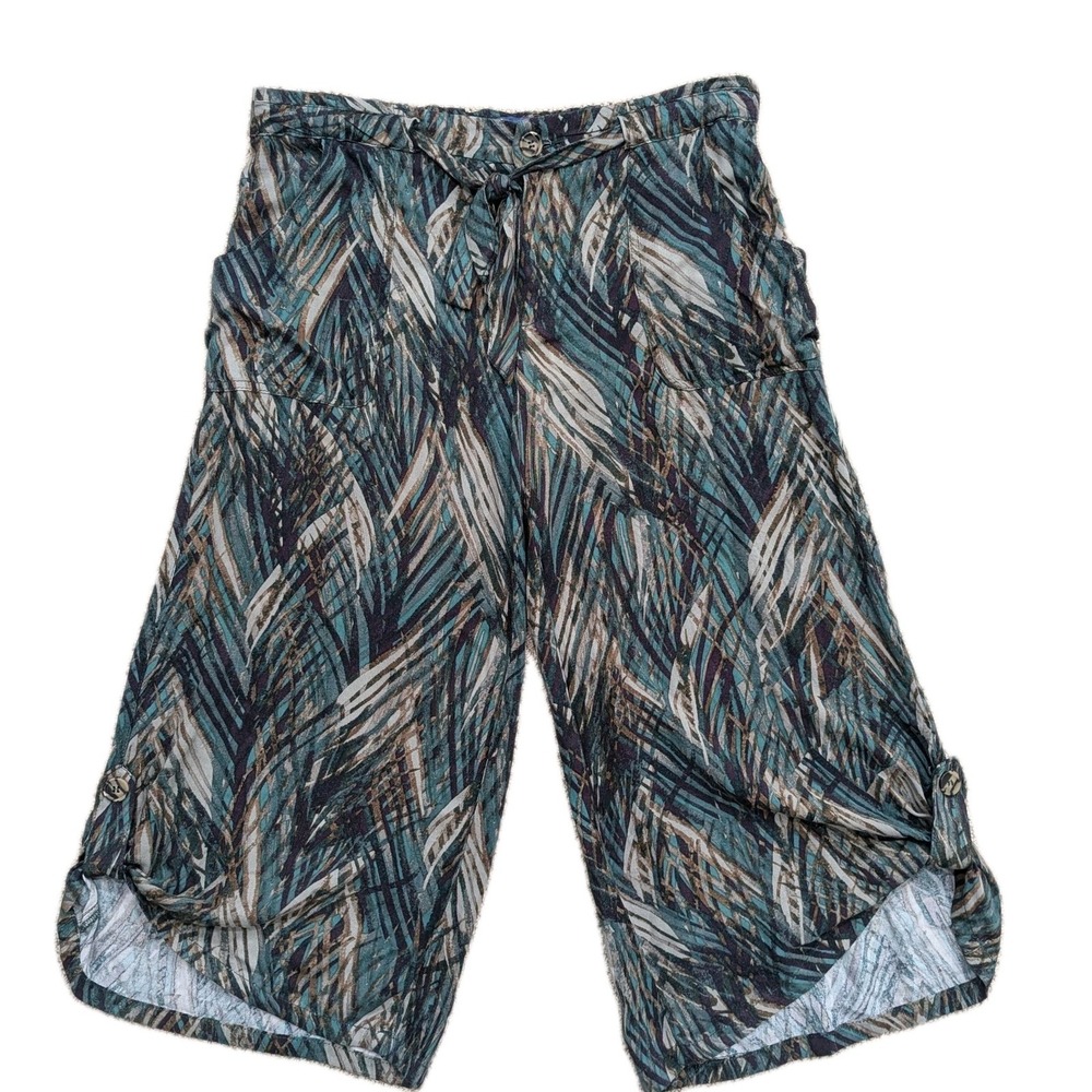 New Democracy Wide Leg Cropped Pant Size 8 Tie Front‎ Green Black Palm Tropical